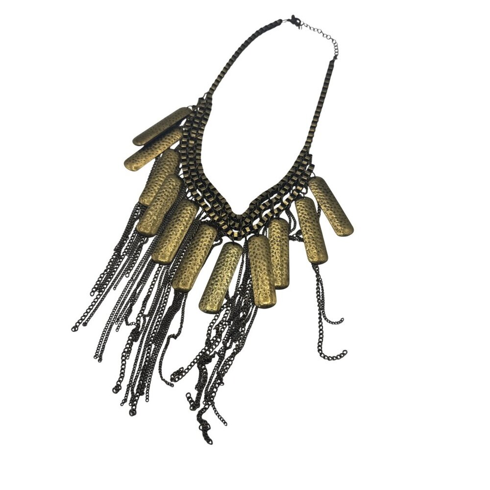 Gold Tone Fringe Necklace With Hammered Metal & Bronze Chain Statement Design